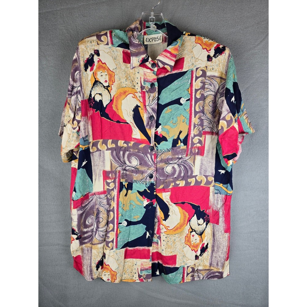 Expose Shirt Women L Multicolor Graphic Art Nouveau Vintage Cabaret Button Up